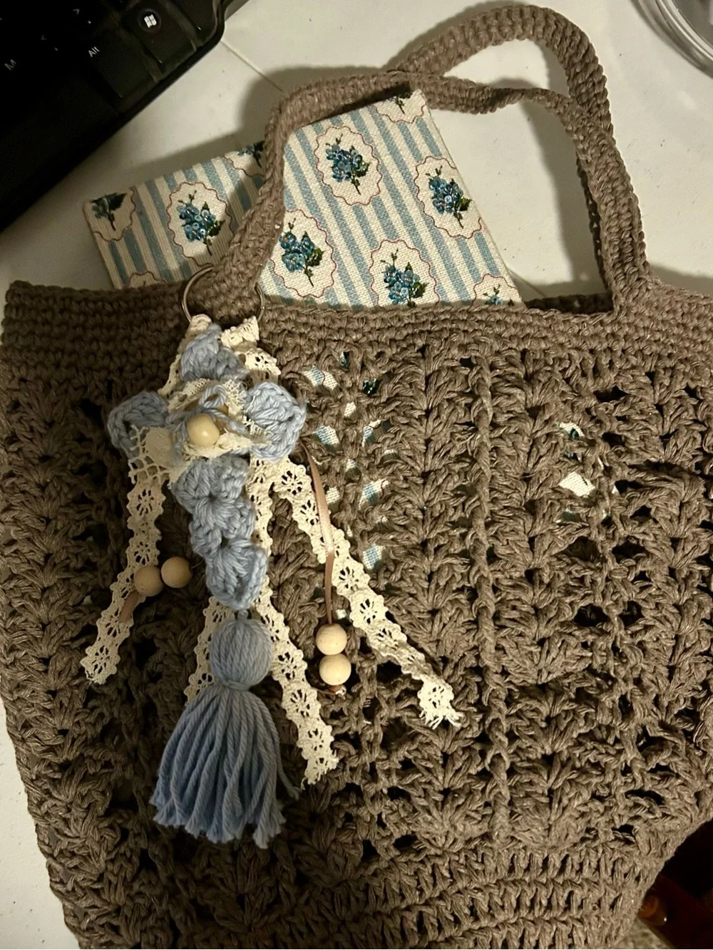 Handmade Crochet Tote Bag with Blue Tassel Charm